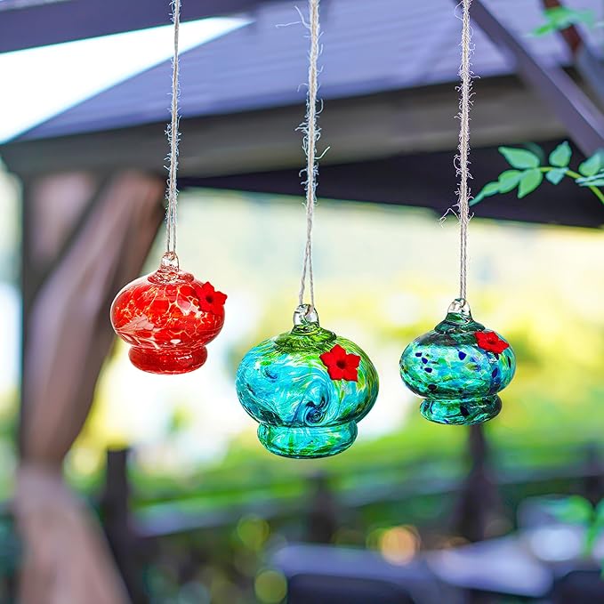 3pcs Blown Glass Hummingbird Feeder Hanging Glass Bird Feeders with Flower Feeding Ports for Window Backyard Garden Outdoor Decor Gifts for Women