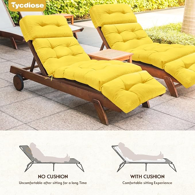 Waterproof Outdoor Chaise Lounge Chair Cushion 74.4 x 22 x 4.7 Inches Memory Foam Lounge Chair Cushions for Outdoor Furniture with Ties, Thickened Pool Chaise Lounge Chair Cushions, Yellow