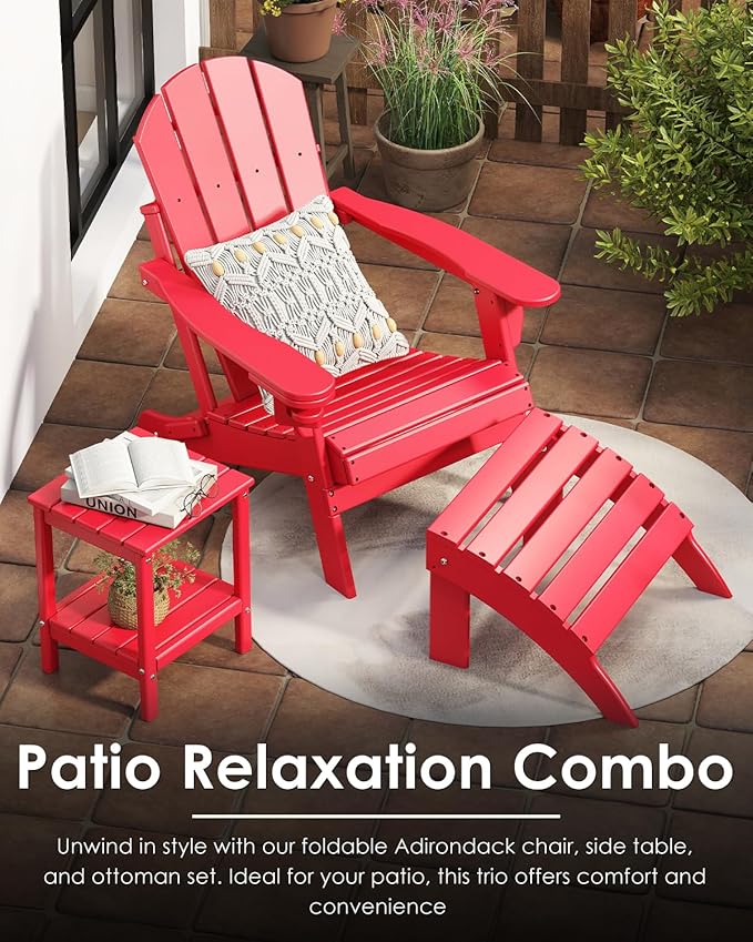 GREENVINES Folding-Adirondack-Chairs-Set-of-6 | HDPE Plastic | Fire Pit Chair | All Weather | Cup Holder | Red | for Deck Backyard Patio Outdoor Garden