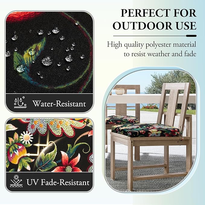 Wellsin Outdoor Chair Cushions for Patio Furniture - Patio Chair Cushions Set of 6 - Water Resistant Round Corner Outdoor Seat Cushions 17"X16"X2", Flower Black