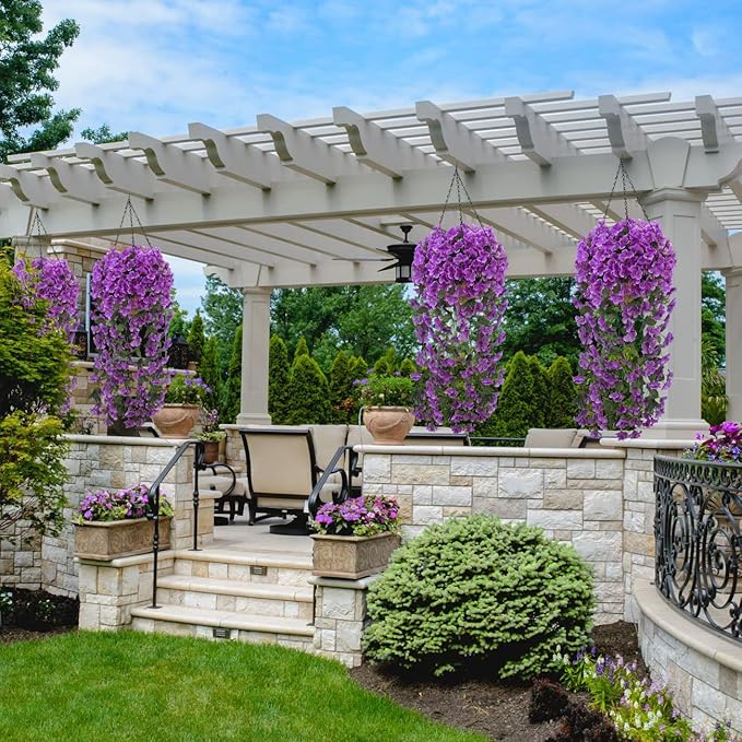 Ouddy Decor 4 Pcs Artificial Hanging Flowers Fake Hanging Plants Violet Flowers Vine Garland for Home Indoor Outdoor Garden Patio Yard Room Porch Wedding Decoration, Purple