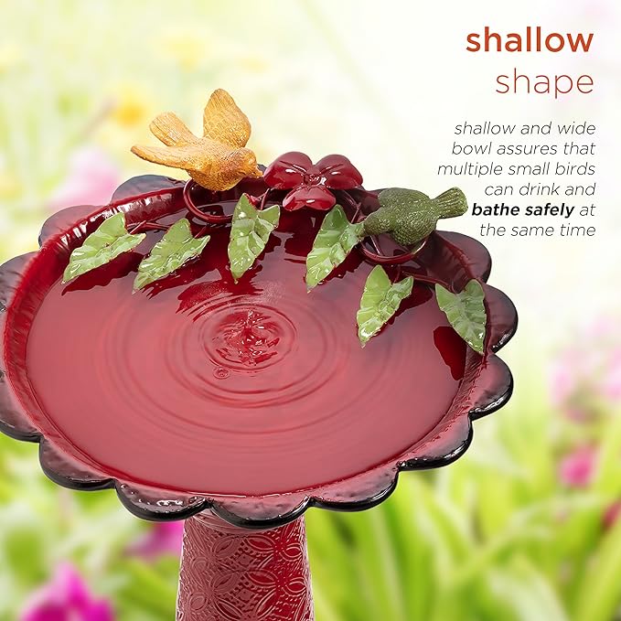 Alpine Corporation - 28" Tall Outdoor Metal Birdbath with Birds and Leaves Yard Statue Decoration, Red – Stunning Garden Accent to Attract Birds - Durable Construction for Patio, Deck, or Yard