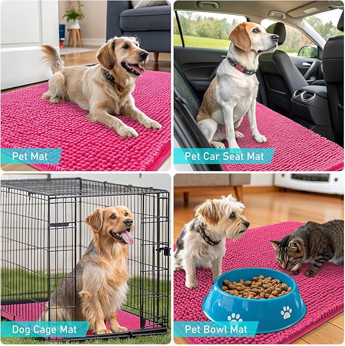 OLANLY Dog Door Mat for Muddy Paws 59x20, Absorbs Moisture and Dirt, Absorbent Non-Slip Washable Doormat, Quick Dry Chenille Mud Mat for Dogs, Entry Indoor Entryway Carpet for Inside Floor, Hot Pink