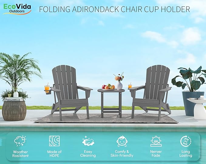 3-Piece Folding Adirondack Chair Set - 38" Extra Tall Back & Embossed Wood Grain, Oversized HDPE Patio Furniture with Side Table & Cup Holders, 380lb Heavy Duty,Grey