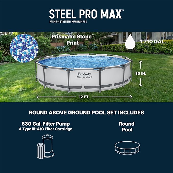 Bestway Steel Pro MAX 12' x 30" Above Ground Pool, Round Metal Frame Outdoor Swimming Pool Set with Filter Pump & Type III A/C Cartridge, Gray