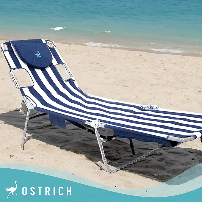 Ostrich Beach Lounge Chair, Folding & Reclining Outdoor Chaise Lounger, Navy/White Striped - Portable Adjustable Recliner Chairs for Lawn, Pool, Patio, Garden, and Yard