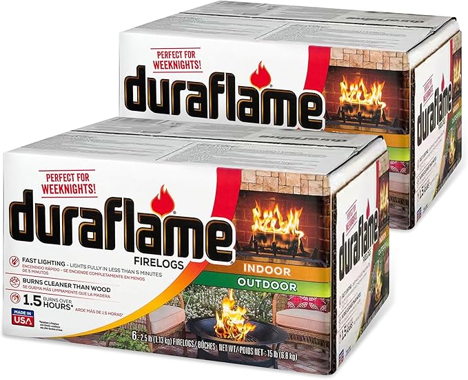 Duraflame 2.5-lb 1.5-Hour Burn Indoor/Outdoor Firelog (12-Count) - Perfect Fire-Log Substitute for Your Fireplace, Great for a Campfire, Chimney-Safe, Easy to Use, Fast Lighting with Starter (2 Items)