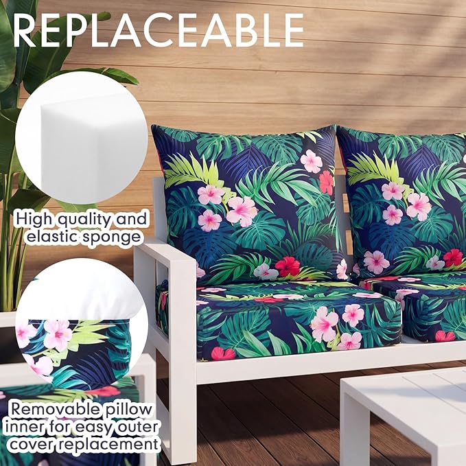 Hoteam 4 Set Outdoor Chair Patio Cushions Deep Seat Waterproof Chair Cushions 20 x 20 Inch for Patio Furniture Set Replacement Removable Seat and Back(Tropical Plant)