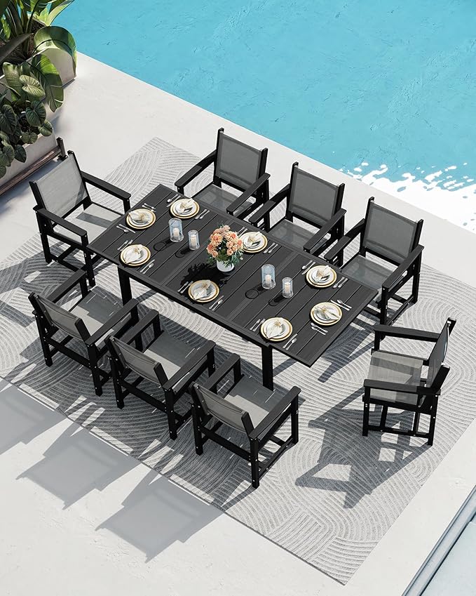 SERWALL 7-Piece Patio Dining Sets, 60" - 83" Expandable Outdoor Dining Table with 6 Breathable Textilene Chairs, All Weather HDPE Patio Furniture Set for Backyard, Garden, Black