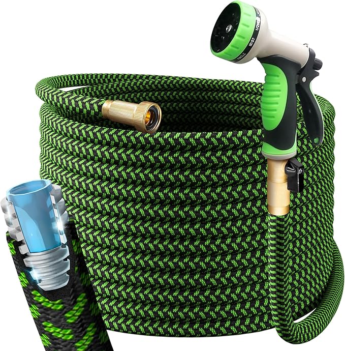 PowerFlow Garden Hose, NON-EXPANDABLE 50 Feet Premium Quality Stainless Steel Metal Water Hose with Durable Fabric Skin, Hose For Commercial, Residential Use, Bonus 10-way Spray Nozzle (50 Ft, Green)