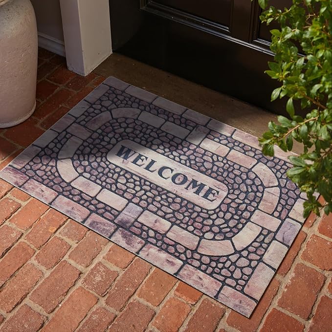 Welcome Mat Front Door Mat Indoor Outside Entrance, Absorbent Heavy Duty Doormat with Non Slip Backing Entryway Rug for Front Back Door, 17x30, Cobble Print