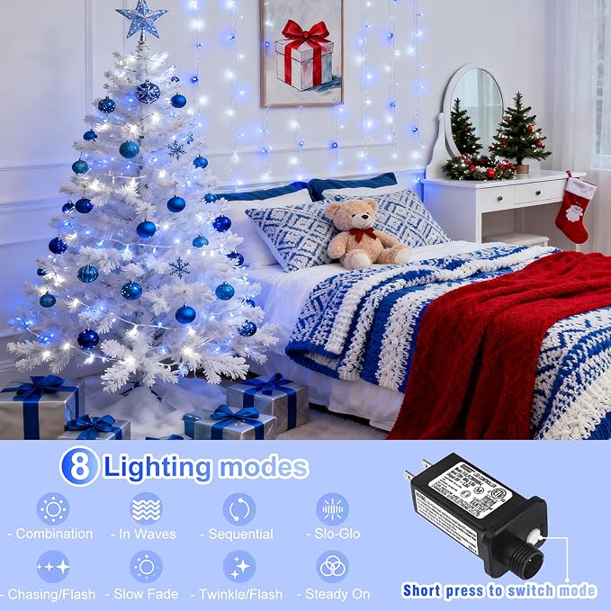 66FT 200 LED Christmas Lights Outdoor, Plug in Christmas String Lights Indoor Waterproof with 8 Modes, Connectable Clear Wire Twinkle Fairy Lights for House Xmas Party Decor, Blue and White
