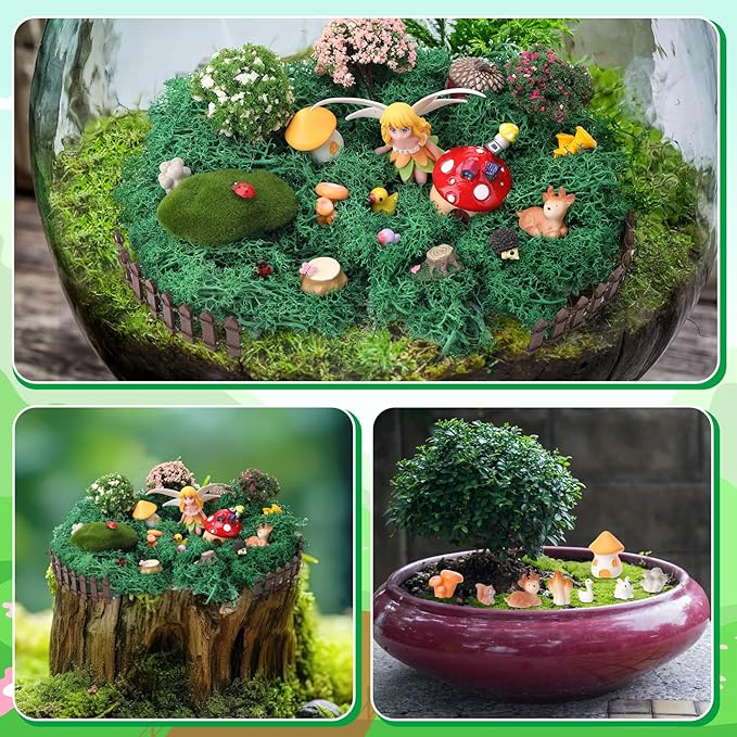 54 Pcs Fairy Garden Accessories, Mini Resin Animals Figures, Miniature Table and Chairs, Bridge, Fence, Fairy House Kit with 50g Artificial Moss for DIY Craft Landscape Bonsai Glass Container