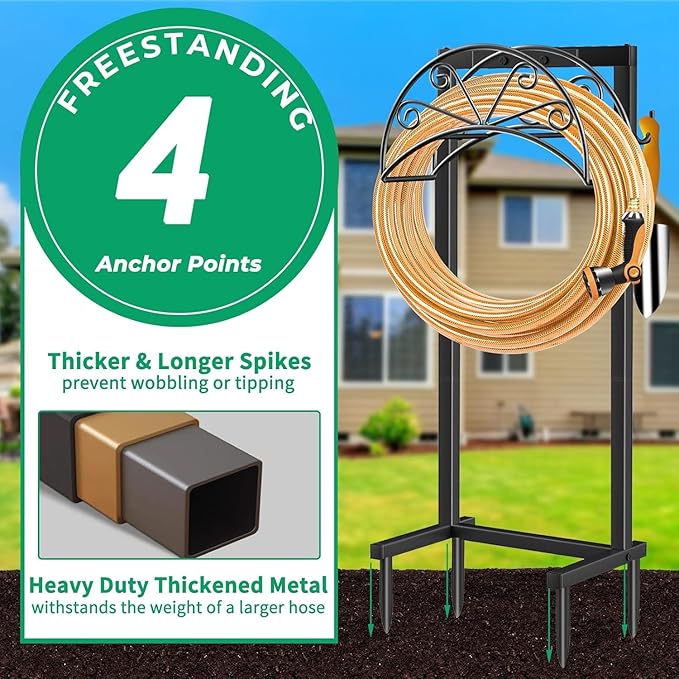 TomCare Garden Hose Holder Heavy Duty Water Hose Holder Holds 160 FT Hoses 4 Spikes Hose Reel with 2 Tool Hooks Freestanding Hose Hanger Sturdy Hose Storage Stand for Outside Yard Lawn, Black
