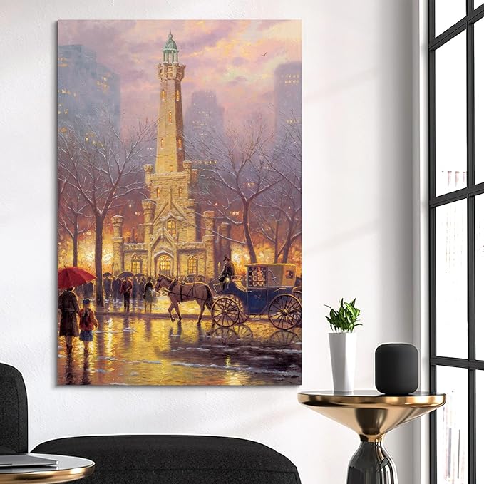 STUDIO HAVEN Thomas Kinkade Canvas Wall Art, Snowy Winter Evening Horse Drawn Carriage Pedestrians City Tower Oil Painting Poster Landscape Wall Decor, Framed Prints for Home Decor, 16x24Inch