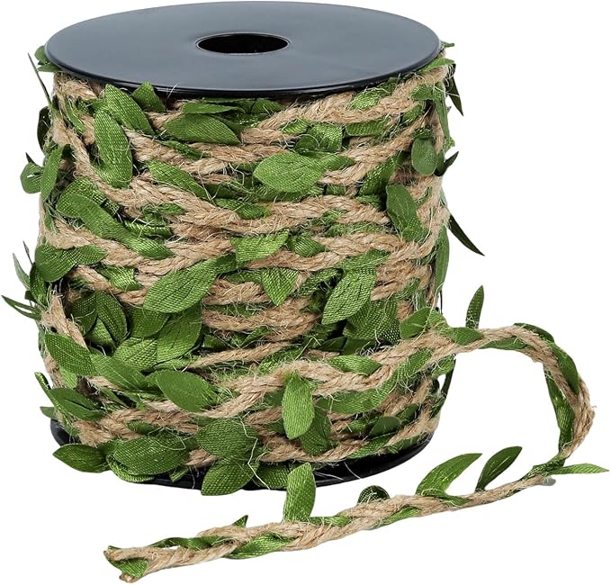 Natural Jute Twine with Green Leaf - 100 Feet (30 Meters) | Decorative Garden String for Gift Wrapping, Crafts, Wedding Decor
