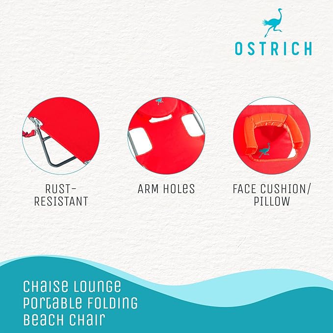 Ostrich Beach Lounge Chair, Folding & Reclining Outdoor Chaise Lounger, Red - Portable Adjustable Recliner Chair for Lawn, Pool, Patio, Garden, and Yard