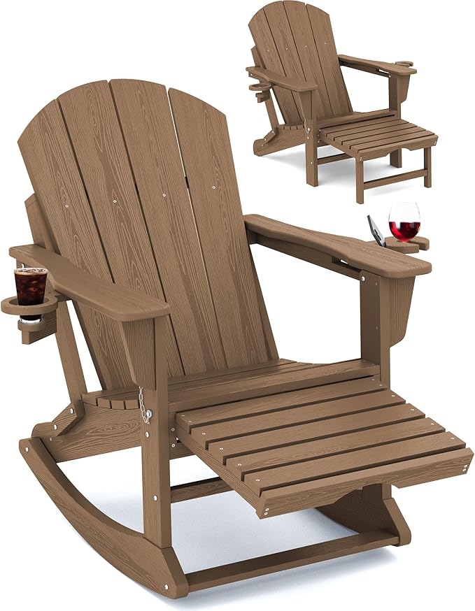 KINGYES Adirondack Rocking Chair with Retractable Ottoman and Cup Holders, HDPE Adirondack Rocker Patio Rocking Chair for Porch, Patio, Balcony, Brown