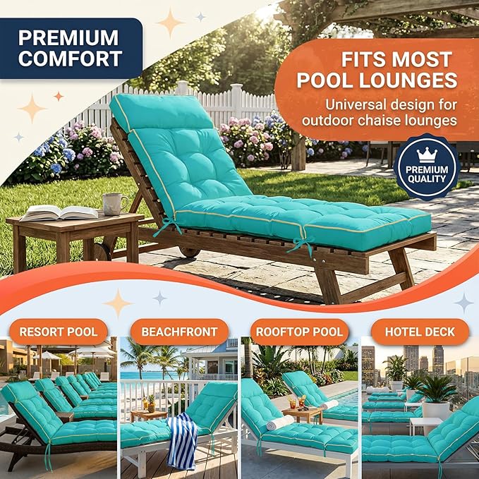 MAGIC ELEPHANT Chaise Lounge Cushion Outdoor, Memory Foam Patio Lounge Chair Cushion with Ties for Indoor Outdoor Furniture, Water-Repellent Replacement Long Chair Cushion (Teal)