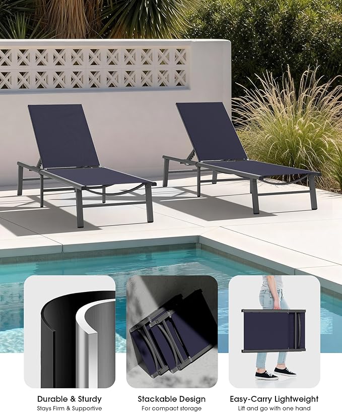Ciokea Foldable Outdoor Lounge Chair, No Assembly Patio Chaise Lounge Outdoor with 5-Positions, Aluminum Pool Lounge Chair with Portable Design for Pool, Beach, Deck, Backyard, Navy Blue