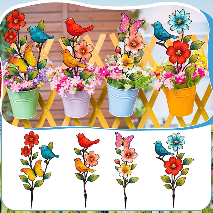 4 Pack Metal Flowers Outdoor Decor Spring Garden Stakes for Outside 15'' Decorative Colorful Flowers Birds Butterfly Yard Art Rust Proof Plant Sticks for Yard Lawn Pathway Patio Outside Walkway