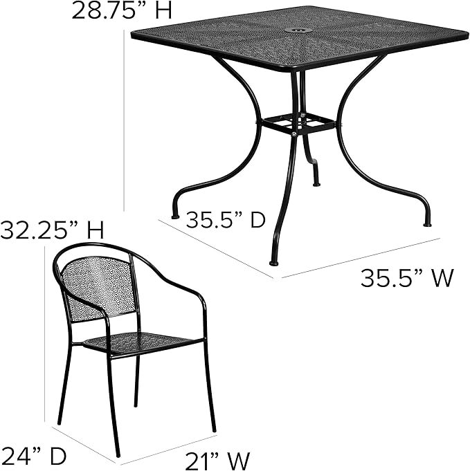 Flash Furniture Oia 5-Piece Commercial Grade Steel Patio Table and Chairs Set, Outdoor Dining Set with Square Table and 4 Round Back Chairs, Black