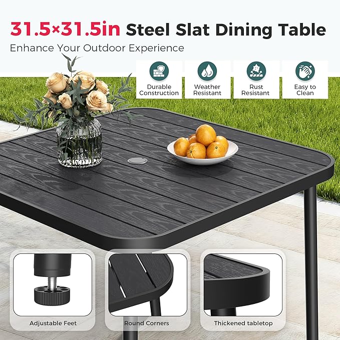 Pamapic Outdoor Dining Sets for 4, Square Table with Adjustable Umbrella Hole with 4 Plastic Chairs, 5 Piece Patio Table and Chairs Set for Garden, Backyard, Poolside and Lawn (Black)