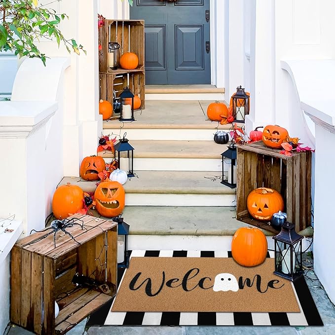 Tinideya 2 Pcs Halloween Door Mat Ghost Welcome Non Slip Coir Mats Cute Black White Stripe Floor Layering Doormats Seasonal for Front Porch Entryway Decor(White Ghost)