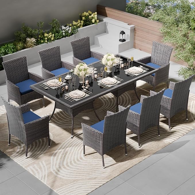 Kullavik 10-Piece Outdoor Dining Set Patio Rattan Furniture Set,Patio Dining Table and Chairs Set with 8 Chairs and Cushions,Square Glass Tabletop with Umbrella Hole for Patio,Navy Blue
