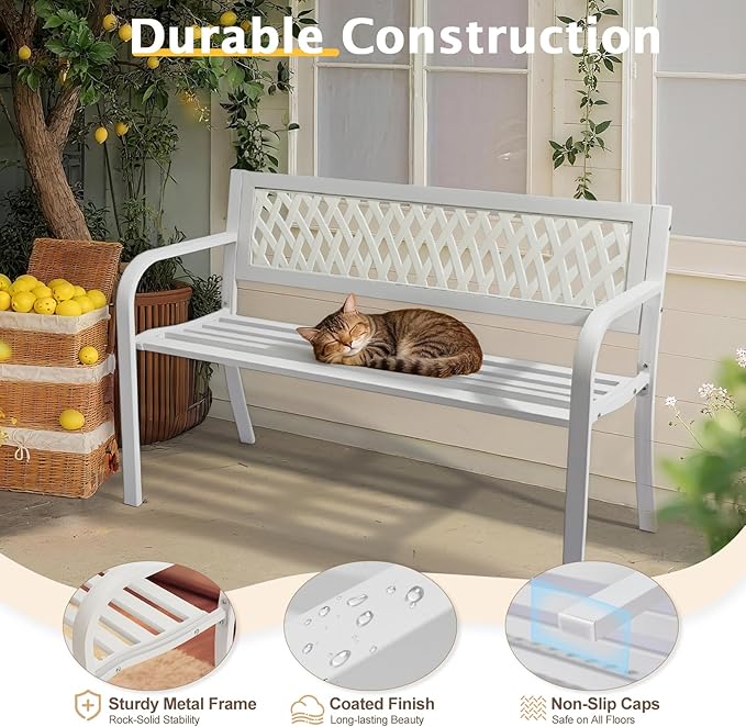 Outvita Outdoor Bench, 47" Iron Steel Frame Garden Bench with Mesh Pattern and Plastic Backrest Armrests, Patio Bench for Garden Park Yard Front Porch Patio, White