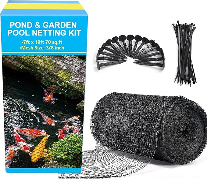 Pond Netting, 7 x 10FT Pond Net for Koi Ponds, Garden Pool Fine Mesh Pond Netting Cover for Leaves, Protects Koi Fish from Birds Cats Predators, with 12 Stakes and 30 Cable Zip Ties
