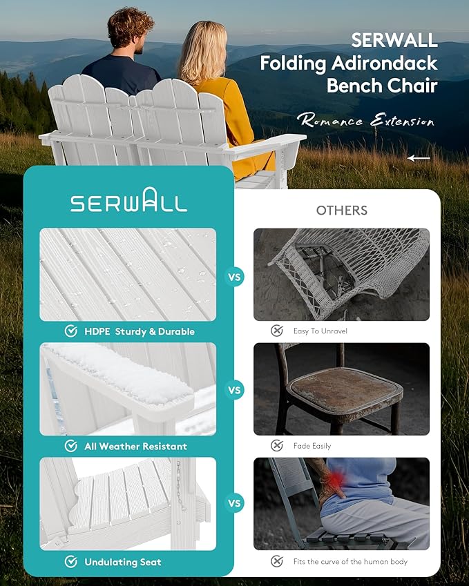 SERWALL Folding Adirondack Bench Set of 2, HDPE All-Weather 2-Person Adirondack Loveseat Bench, White