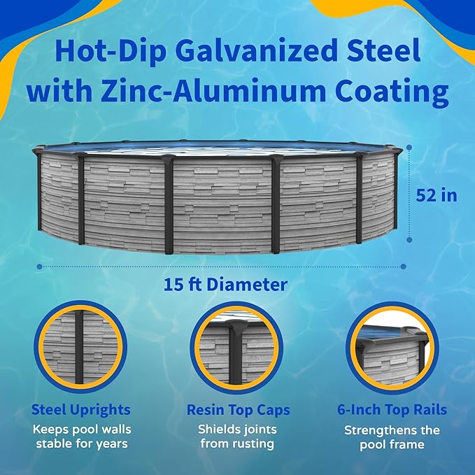 Blue Wave Montilla 15-ft Round 52-in Deep Above Ground Swimming Pool – with Steel Wall & Top Rails, Sand Filter, Overlap Liner, A-Frame Ladder & Maintenance Kit – Complete Outdoor Pool Accessories