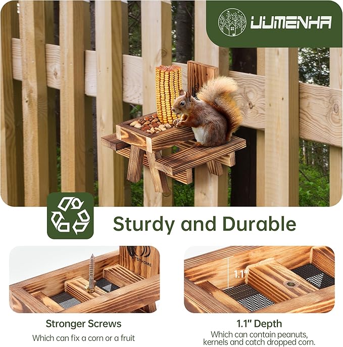Squirrel Feeder for Outside Funny, Carbonized Wood Squirrel Picnic Table Feeder with Corn Cob Holder & Peanut Tray, Durable Picnic Table for Squirrel and Chipmunk, New Premium Gift