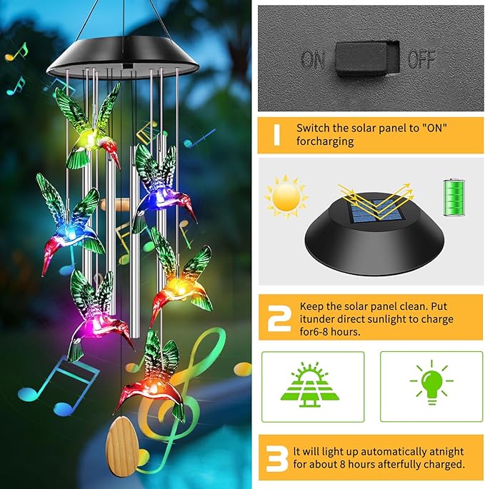 Solar Powered Hummingbird Wind Chimes with 4 Music Aluminum Tubes, Hummingbird Wind Chimes for Outside,Best Gifts for Mom Grandma Women Wife Aunt Sister, Unique Mobile Wind Chime, Garden Yard Decor
