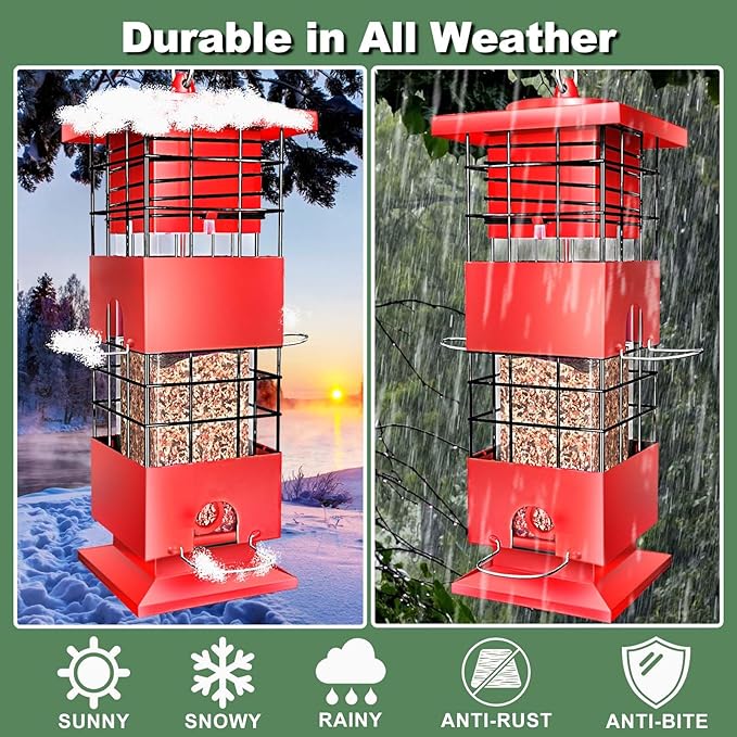 Bird Feeder Squirrel Proof for Outdoors Hanging, 3Lbs Metal Heavy Duty Birdfeeder with 4 Feeding Ports, Wild Birds Seed Feeder for Cardinal, Finch, Sparrow (Red)