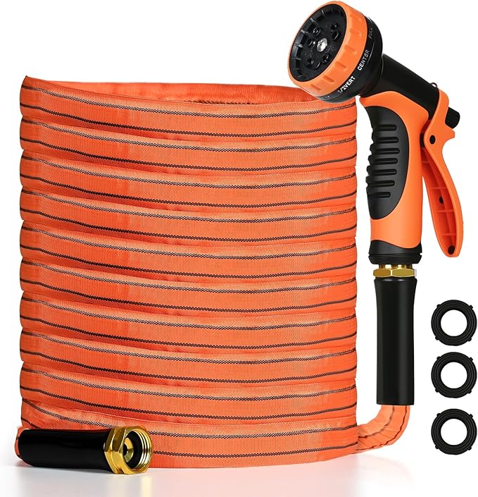 Garden Hose 75 FT,Non-Expanding,10 Functional Nozzles,Garden Hose anti-kink,Heavy Duty Flexible Water Hose 75 FT,Suitable for Outdoor,Yard, Car Washing (orange color, 75ft)