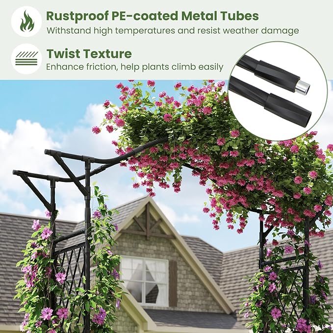 Giantex Garden Arch Trellis, 67''W x 83''H Metal Arbor with Corrugated PE-Coated Steel Tubes & Lattice Panels for Climbing Plants, Decorative Wedding Arch for Yard, Lawn, Party & Outdoor Events