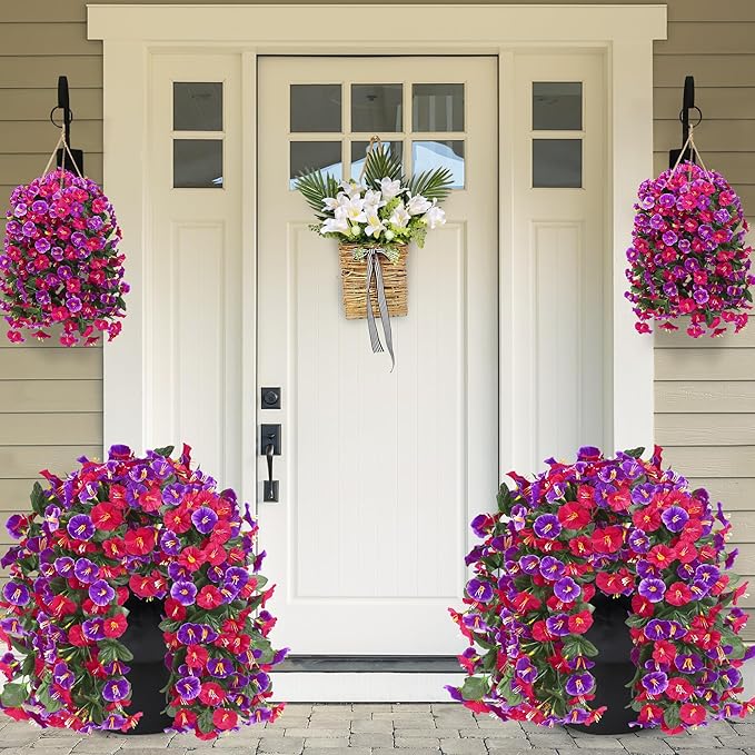 Artificial Fake Hanging Flowers Plants for Outdoor Outside Spring Summer Decoration 2PCS Faux Silk UV Resistant Realistic Morning Glory Trailing Vines for Home Porch Patio Balcony(Rose red & Magenta)
