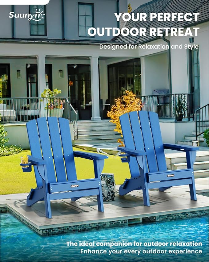 Folding Adirondack Chair 2 Pack, HDPE All-Weather Fire Pit Chairs, Plastic Adirondack Chairs with 2 Cup Holder, Outdoor Lawn Chair for Patio Garden (Royal Blue)