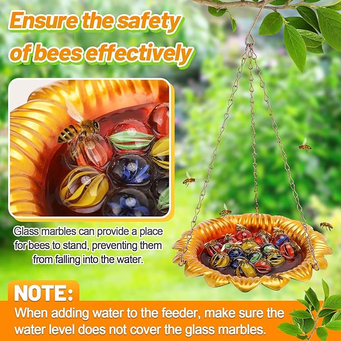 Bee Feeder with Vivid Sunflower Design - Anti-Rust Iron Bee Watering Station for Feeding, Colorful Butterfly Bath Bowl Cup with 15 Glass Marbles for Outdoor Yard Garden Decor Gifts (Gold)