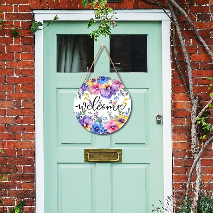 Welcome Spring Summer Red Blue Purple Floral Door Sign For Front Door Decor,Pansy Flowers Butterfly Wooden Sign 12"x 12" Round Spring Hanging Door Sign Decoration for Wall Rustic Decor