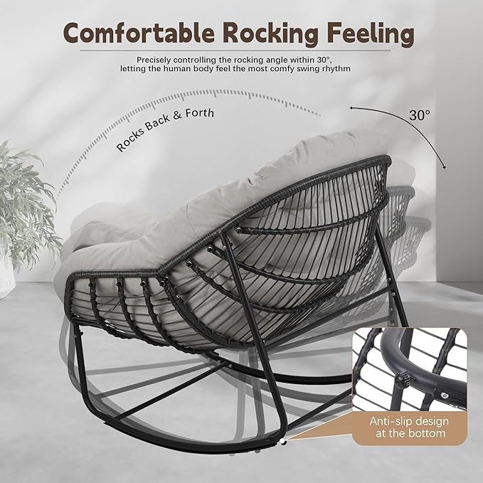 Oversized Rocking Chair Outdoor, Rocking Papasan Chair, Patio Egg Chair with Padded Cushion, Outdoor Wicker Rocking Chair for Front Porch, Garden, Patio (Light Grey, 1 Piece)