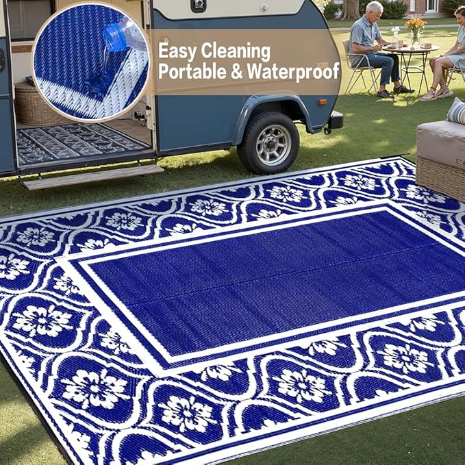 HUGEAR Plastic Outdoor Rug 6'x9' Waterproof Camping Carpet Outside Area Rug Reversible Light Blue Rugs for RV Deck Entryance Porch Picnic Balcony Beach