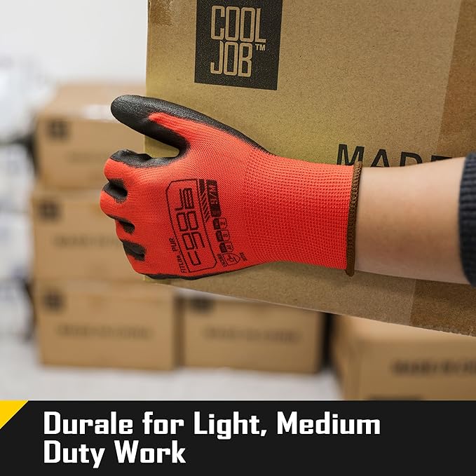COOLJOB 12/60 Pairs Safety Work Gloves Pack Bulk with Grip PU Coating, 13 Gauge Seamless Knit Gloves with Polyurethane Dipped for Warehouse Working, Breathable Lightweight for Men Women, Red Large