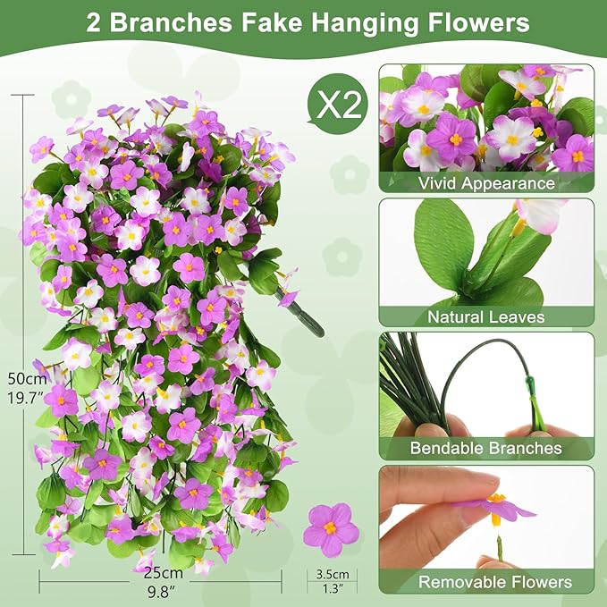 2 Pack Artificial Hanging Flowers, Fake Flowers Hanging Plant Violet Flower, Artificial Faux Silk Spring Flower for Wall Front Door Yard Garden Wedding Outdoor Decoration(Purple)