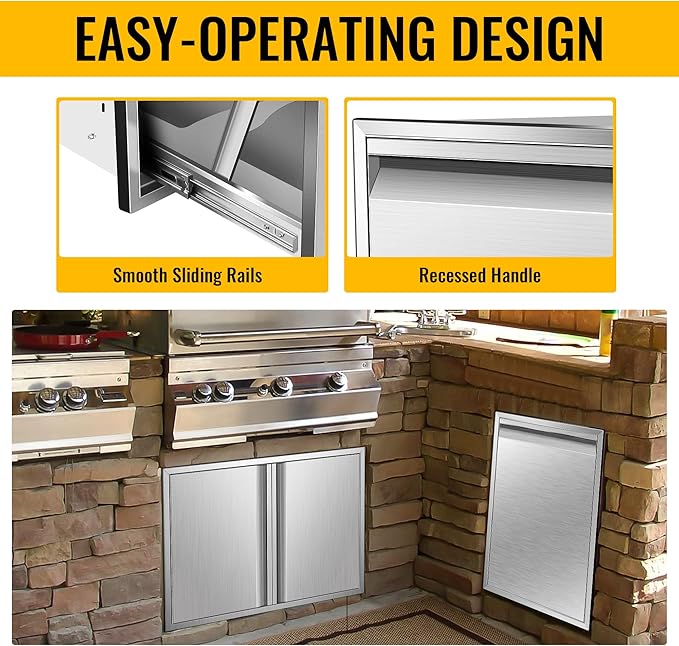 Built-in Double Trash Drawer 20" W x 27" H x 24" D Pull-Out Tray Outdoor Kitchen Stainless Steel Trash Bin Storage for BBQ Island Grill Station