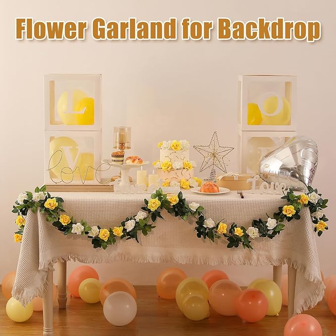 JUSTOYOU Artificial Rose Vines Yellow Flowers Garland Hanging Silk Rose Vine for Wedding Home Office Arch Arrangement Decoration 7.6FT(2PCS)
