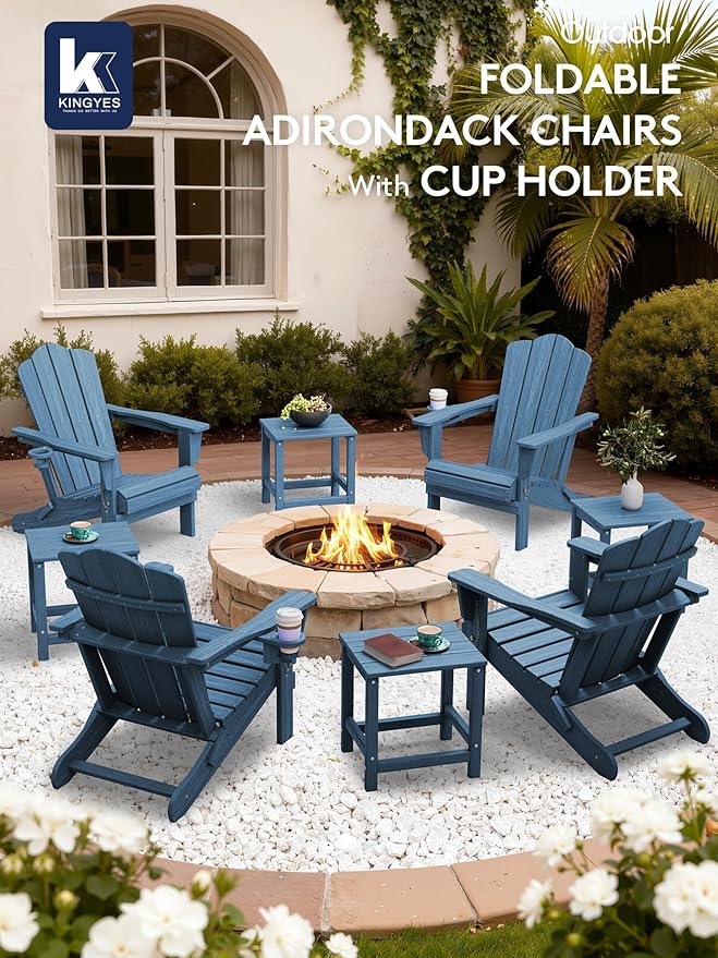 KINGYES Folding Adirondack Chair Set of 2, HDPE All-Weather Patio Chairs with Cup Holder, Wooden Textured Fire Pit Chairs for Poolside, Backyard, Deck, Navy