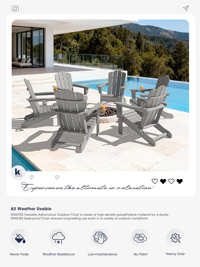 KINGYES Folding Adirondack Chair Set of 6, HDPE All-Weather Patio Chairs with Cup Holder, Wooden Textured Fire Pit Chairs for Poolside, Backyard, Deck, Silver Grey